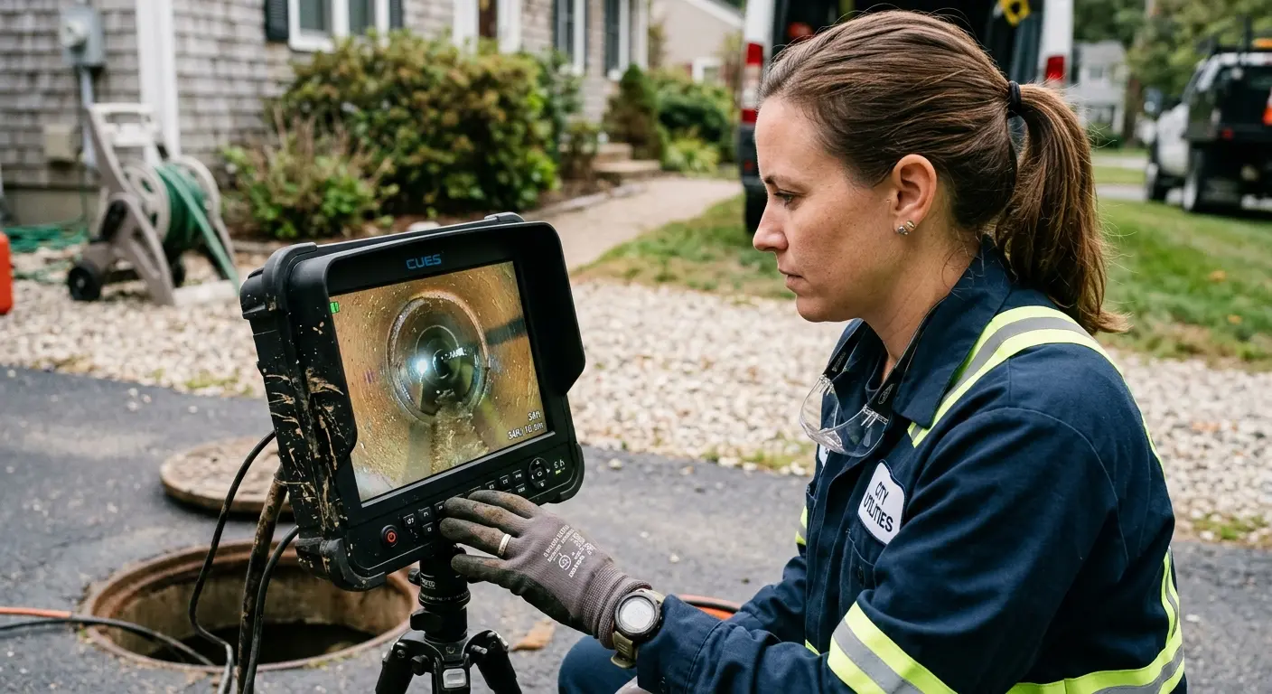 Technician reviewing sewer camera inspection footage in Sandersville