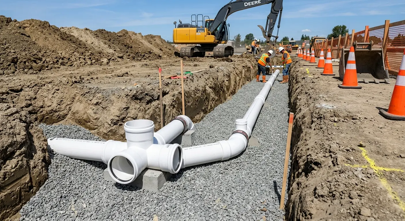 New PVC sewer pipe installation in open trench for Commercial Drain Cleaning in Sandersville