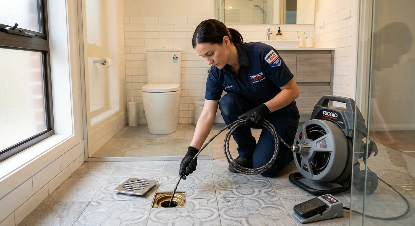 Technician clearing a bathroom floor drain for Drain Cleaning in Sandersville